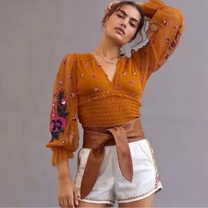 Anthropologie Mustard Embroidered Blouse